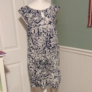 Lands End Size 10 Navy Blue White Capped Sleeves Dress Scalloped Trim